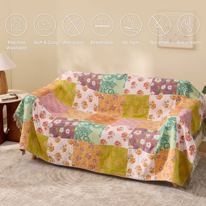100% Cotton Boho Blankets for Home Decor – Colorful Patchwork Reversible Farmhouse Quilt Bedding, Vintage Woven Decor...