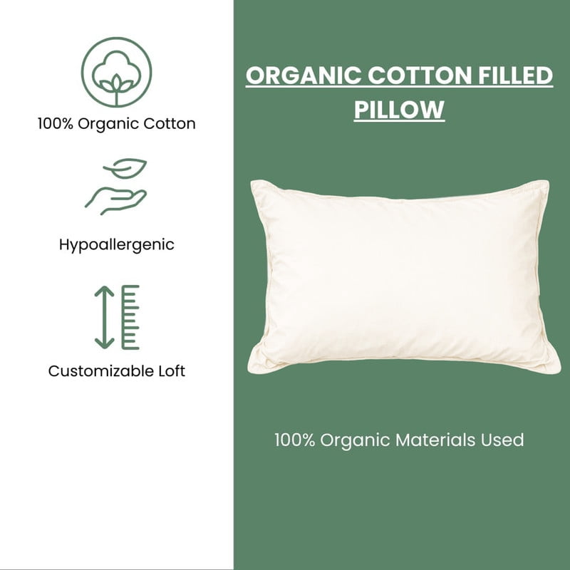 100% Organic Cotton Pillow with Organic Cotton Cover - GOTS CERTIFIED - Adjustable Loft, Head Neck Pain Relief, Back ...