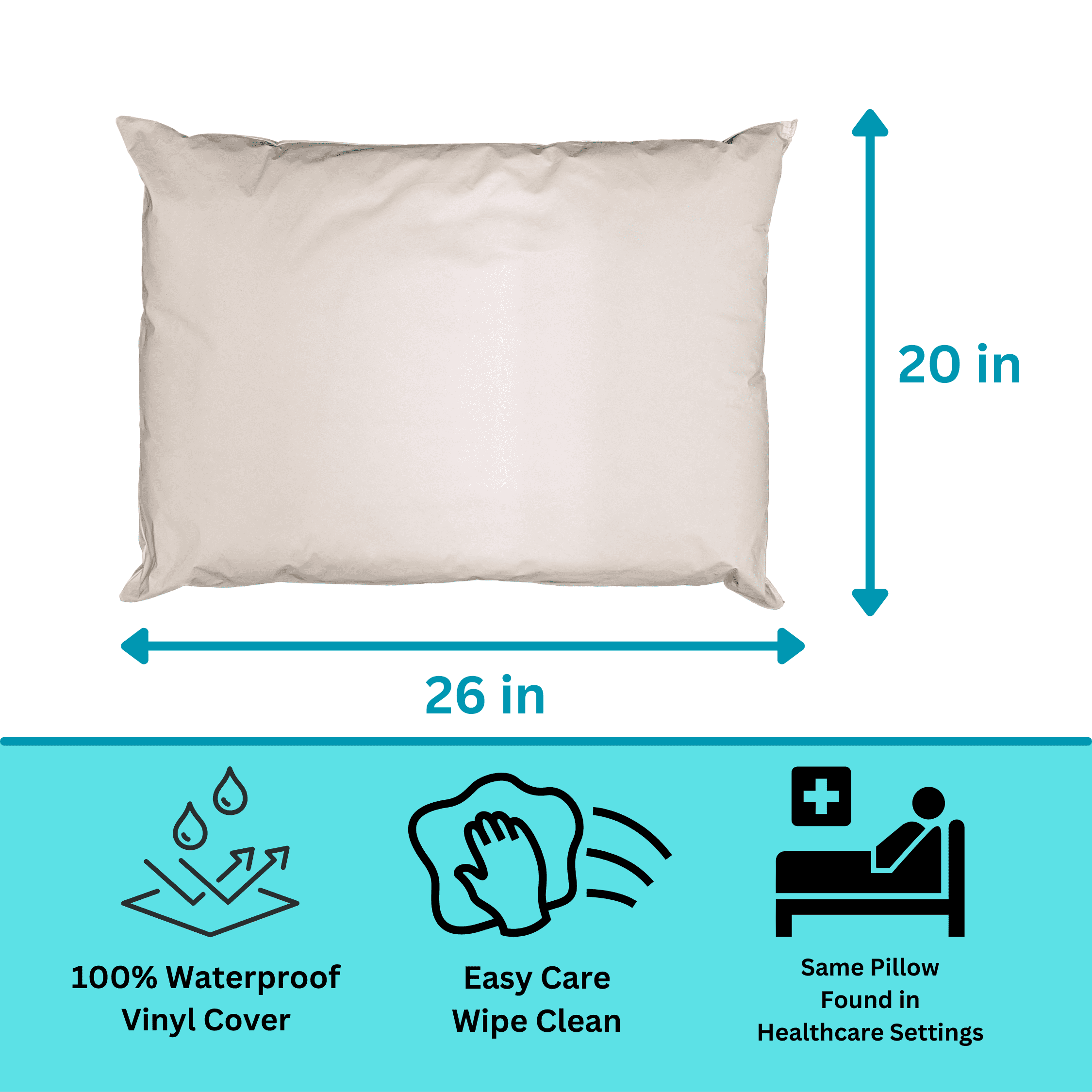 2 Pack MediCheck White Vinyl Covered Bed Pillows 20 in x 26 in - Wipeable Easy Clean - Soft Low Profile Non-Fluffy Su...