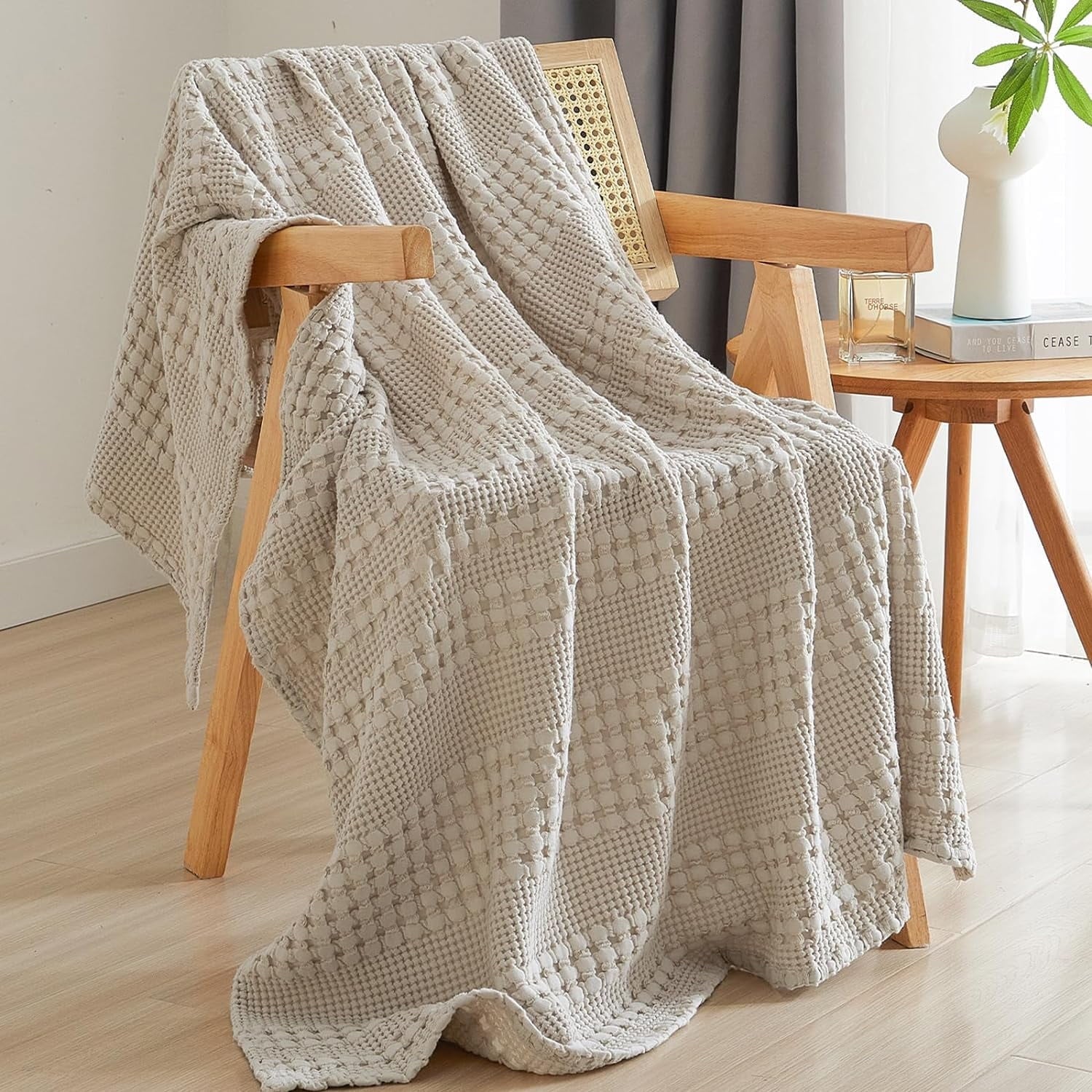 100% Cotton Waffle Weave Blanket, Lightweight Throw Washed Blanket for Bed Sofa Home Decor, Oatmeal, 50"x60"