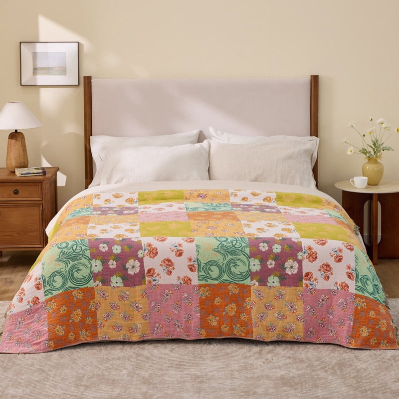 100% Cotton Boho Blankets for Home Decor – Colorful Patchwork Reversible Farmhouse Quilt Bedding, Vintage Woven Decor...