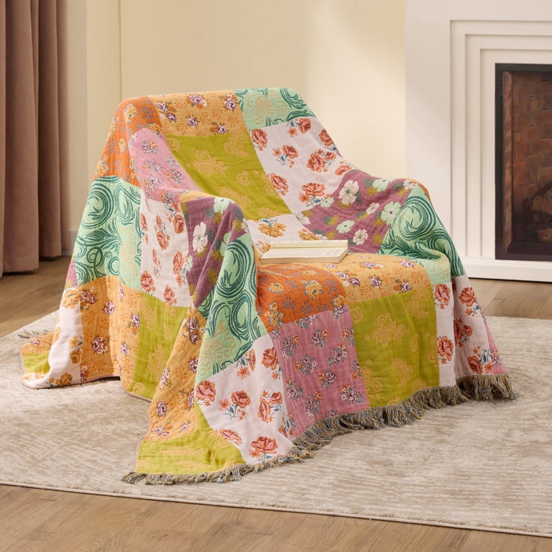100% Cotton Boho Blankets for Home Decor – Colorful Patchwork Reversible Farmhouse Quilt Bedding, Vintage Woven Decor...