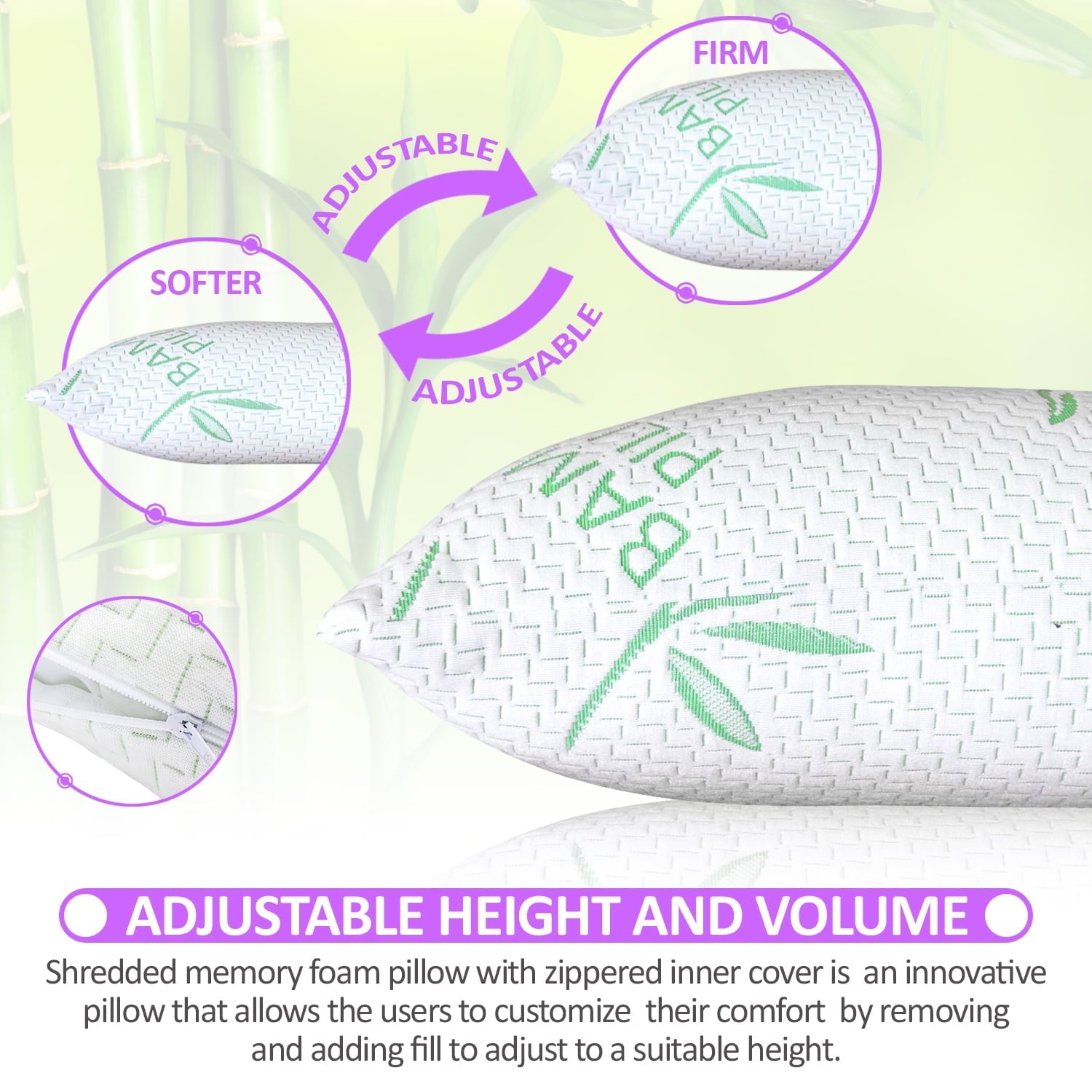 King Size Bamboo Pillow, Memory Foam Bed Pillows with Washable Pillowcases, King