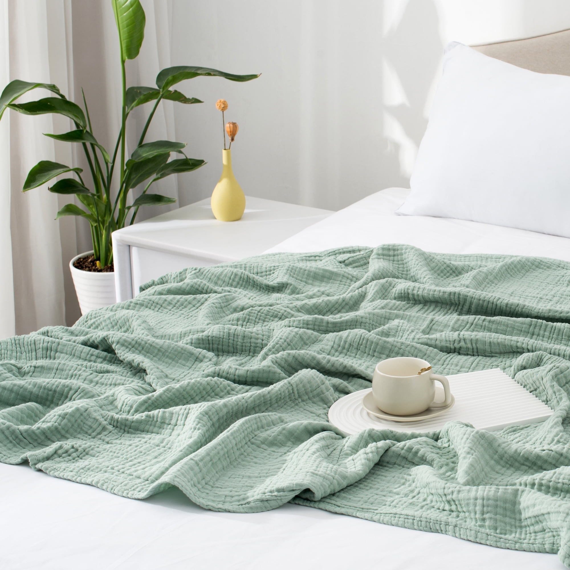 100% Cotton Muslin Throw Blanket Gauze Blankets for Adults Soft Throws for Bed and Couch, 50" x 70" Sage Green