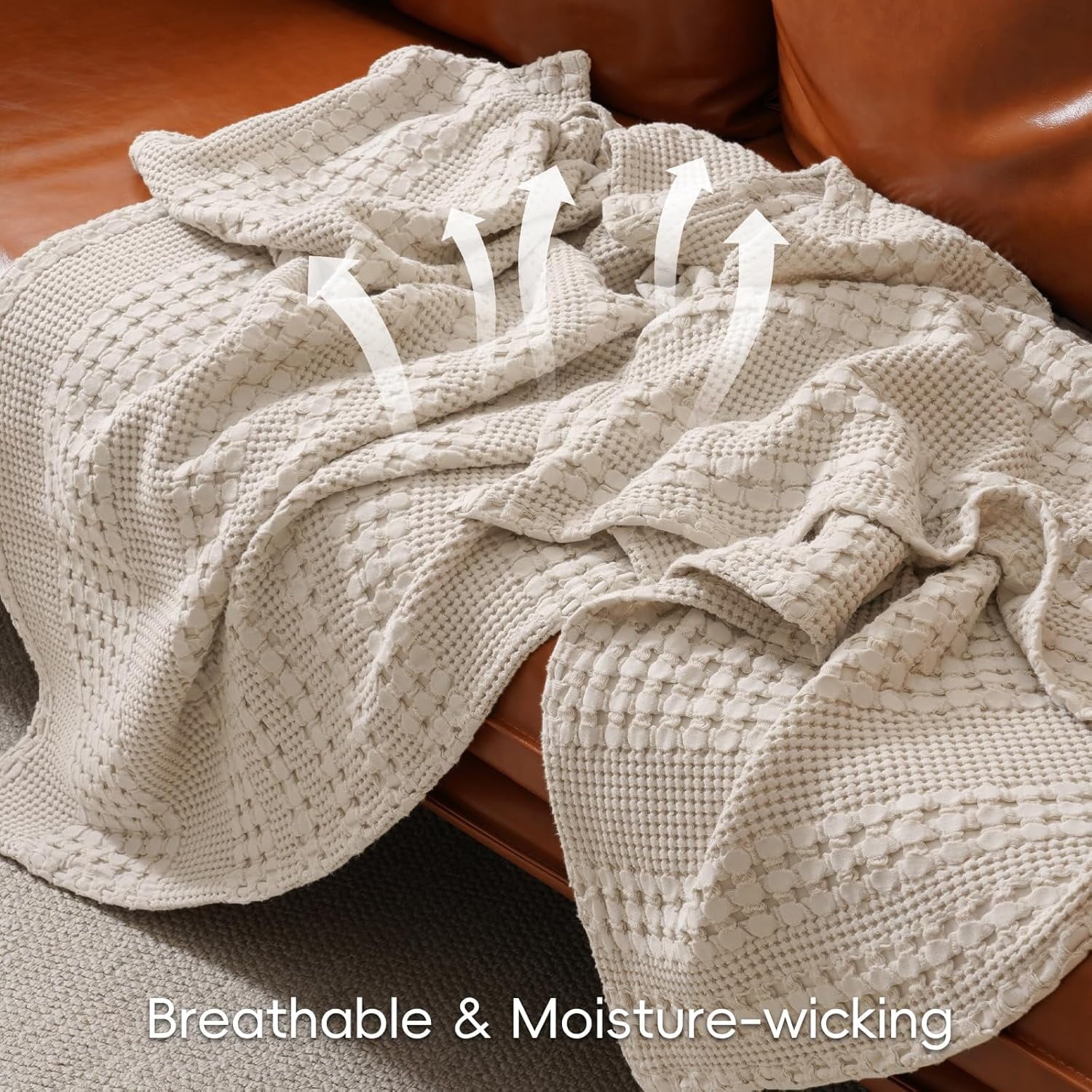 100% Cotton Waffle Weave Blanket, Lightweight Throw Washed Blanket for Bed Sofa Home Decor, Oatmeal, 50"x60"